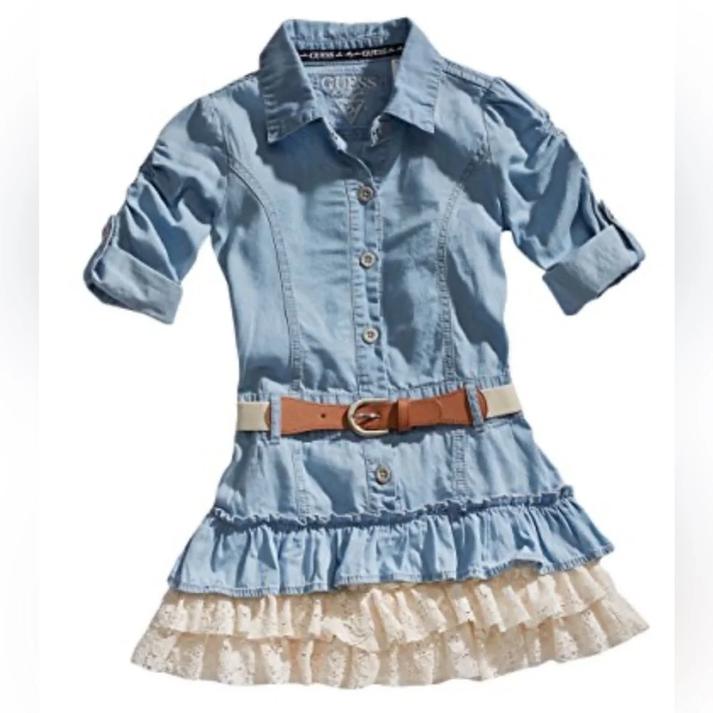 Guess toddler girls denim dress with lace ruffles size 2 belt, 100% cotton